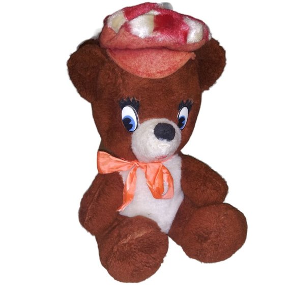 Vintage Brown Teddy Bear Wide Big Blue Eyed Stuffed Animal Plaid Golf Hat Plush - Picture 1 of 8